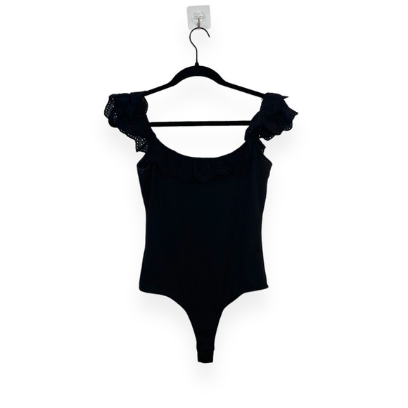 Good Luck Gem Eyelet Trim Puff Sleeve Ribbed Bodysuit in Black Size S - Picture 8 of 11